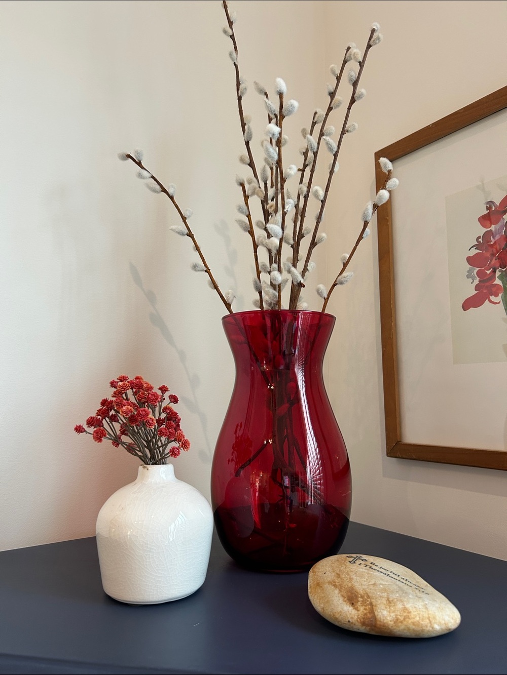 Red and White Tabletop decor Dried floral shelf decor Red vase faux cattails.